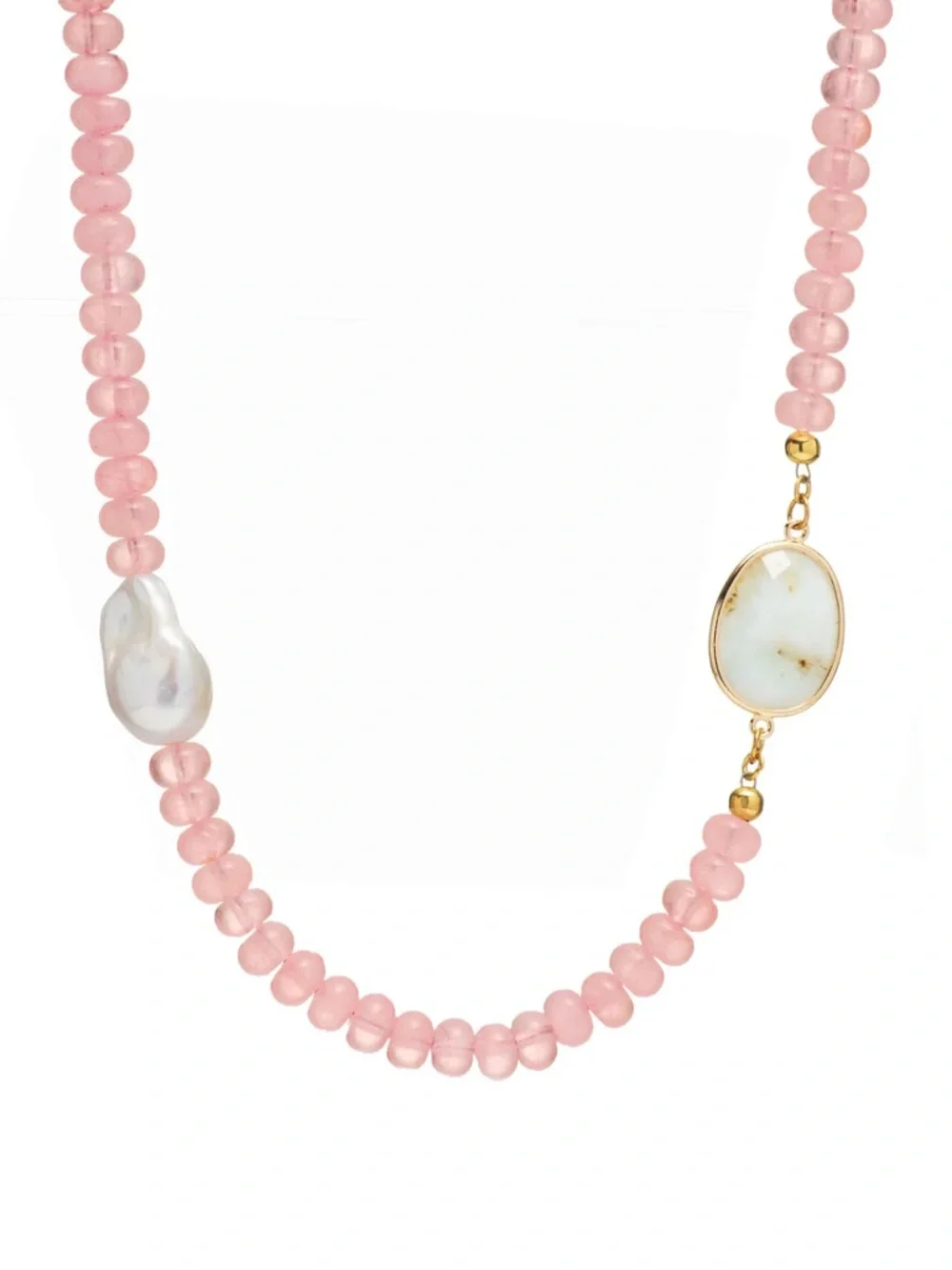 Pink Beaded Necklace with Pearl and White Stone Accents